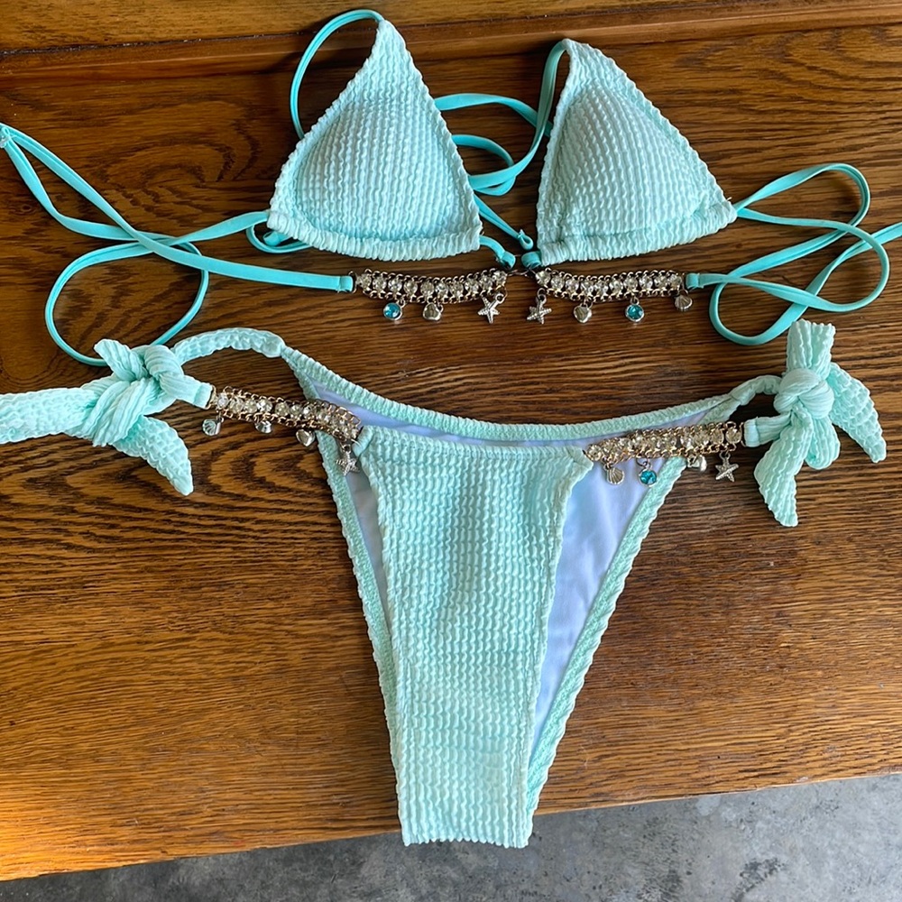 Gorgeous shein chain rhinestone aqua blue swimsuit